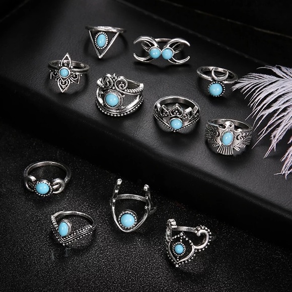 11 Pcs Tribal Silver Turquoise Gem Ring Set - Picture 5 of 16
